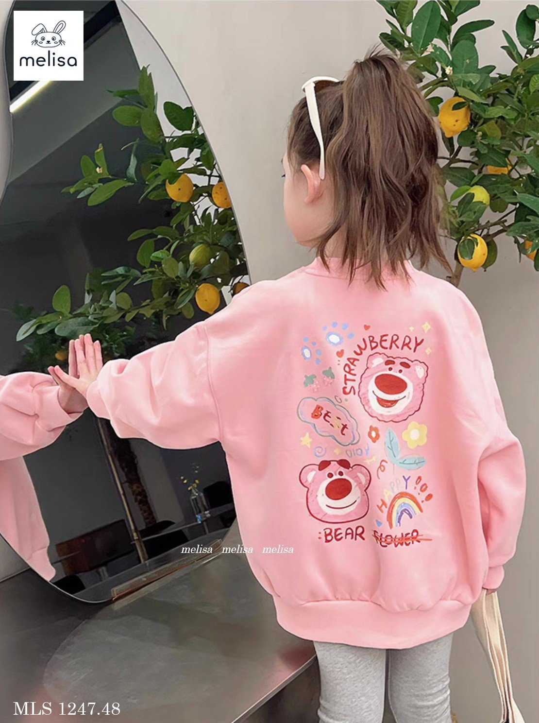 Bộ Melisa áo váy hồng in hình gấu dâu - quần legging cotton màu ghi size 2 - 12y
