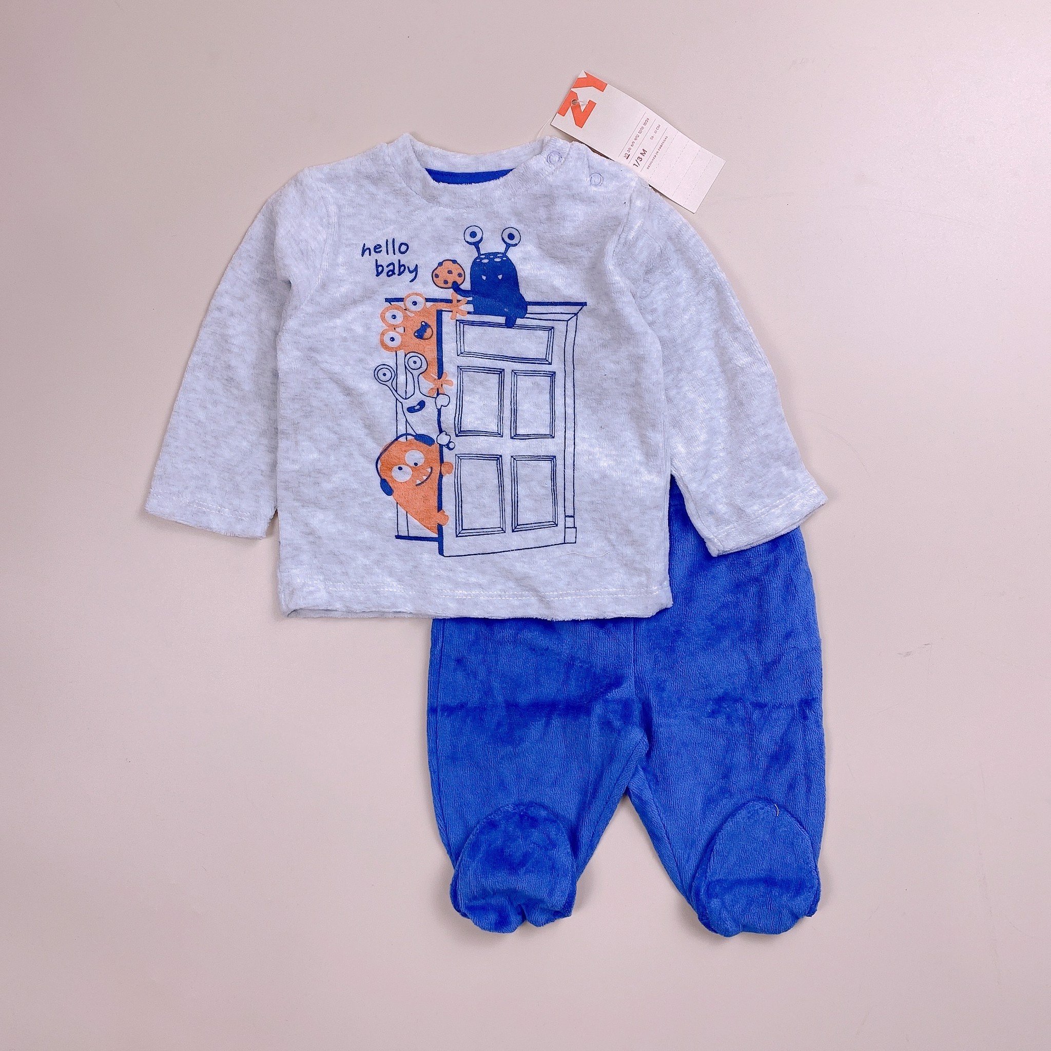 Bộ băng lông ZY Baby áo ghi Monter Hello Baby - quần xanh