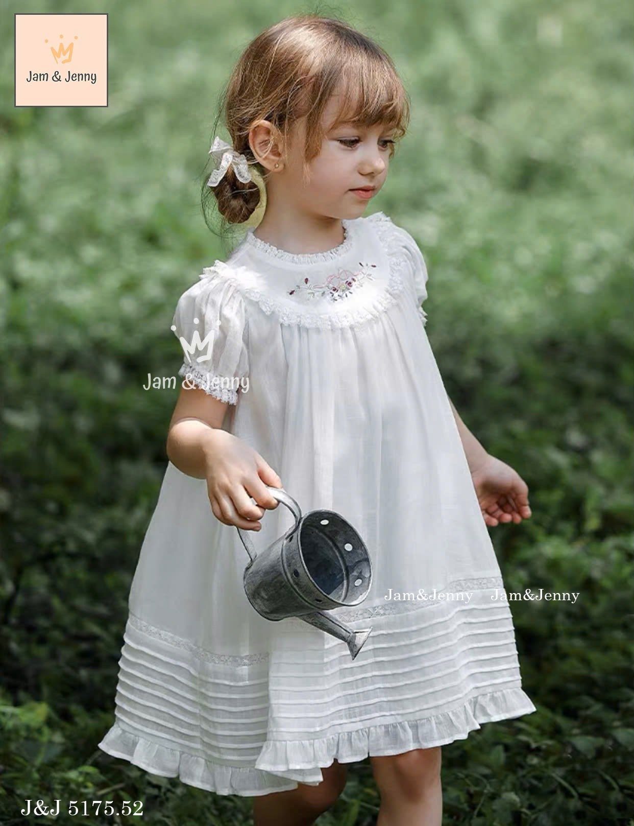 JJ 5175 - Váy Jam & Jenny vải thô trắng thêu hoa nơ bé gái size 2-12y