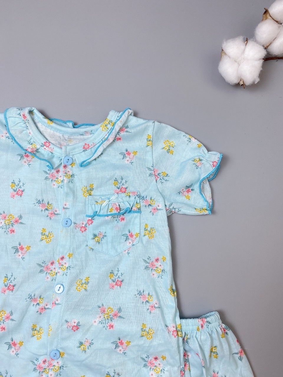 [30%] Bộ pyjama khuy dọc Moimolpi vải dư xanh hoa chùm nhí