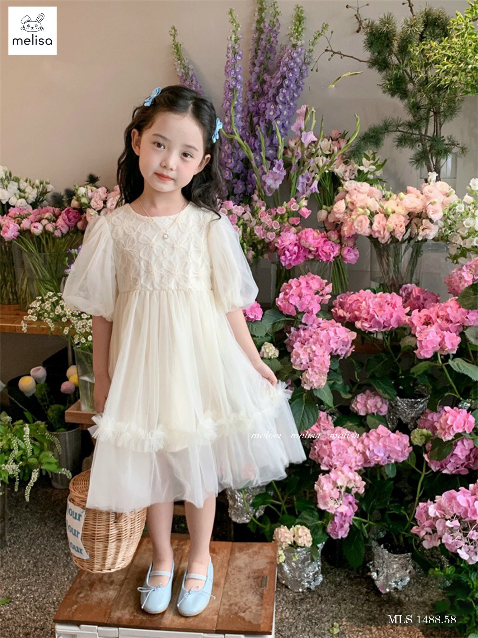 Váy công chúa Melisa màu trắng kem đính hoa ren nổi size 2-12y