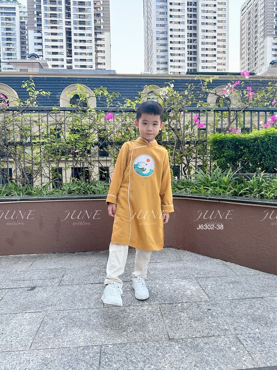 Áo dài nhung June thêu ngực 3 màu Bé Trai size 1 - 10y