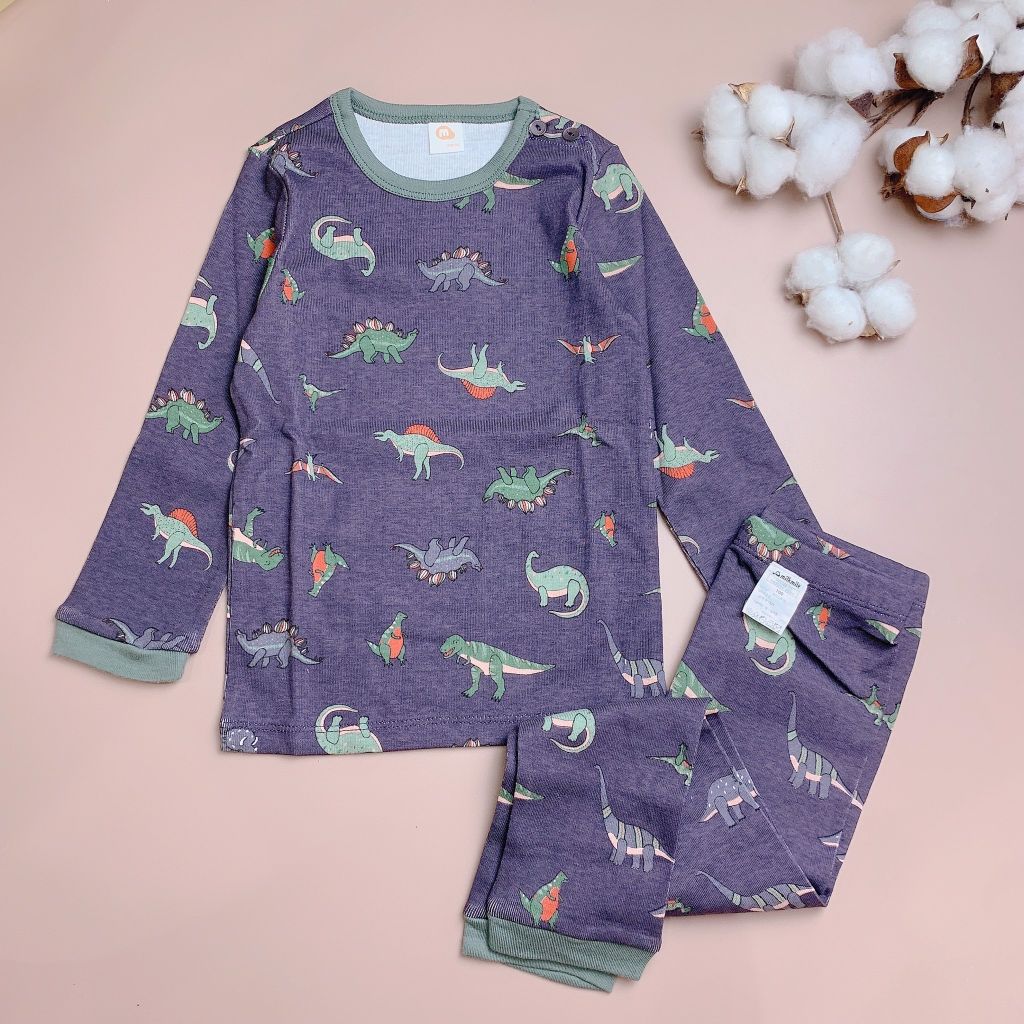Bộ cotton Milkmile màu nâu ghi khủng long viền rêu