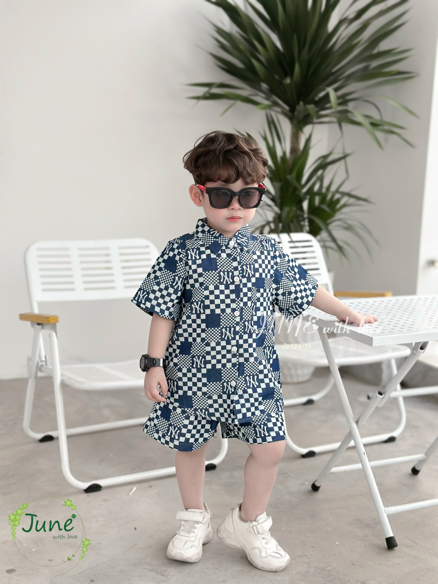 Set bộ June with love áo sơ mi màu xanh jean giấy NY size 1-10y