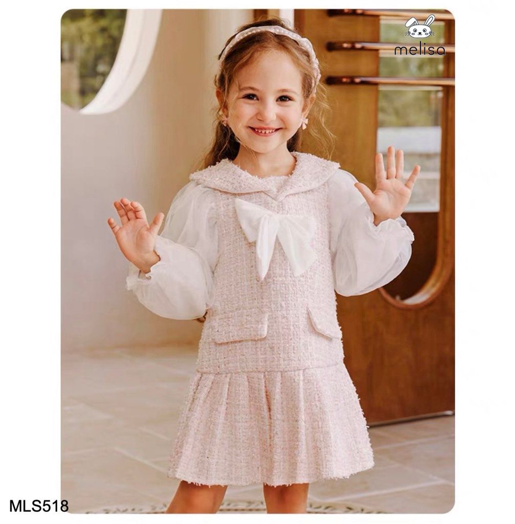Váy dạ tweed Melisa màu hồng phối tay trắng đính nơ cổ size 12m - 10y