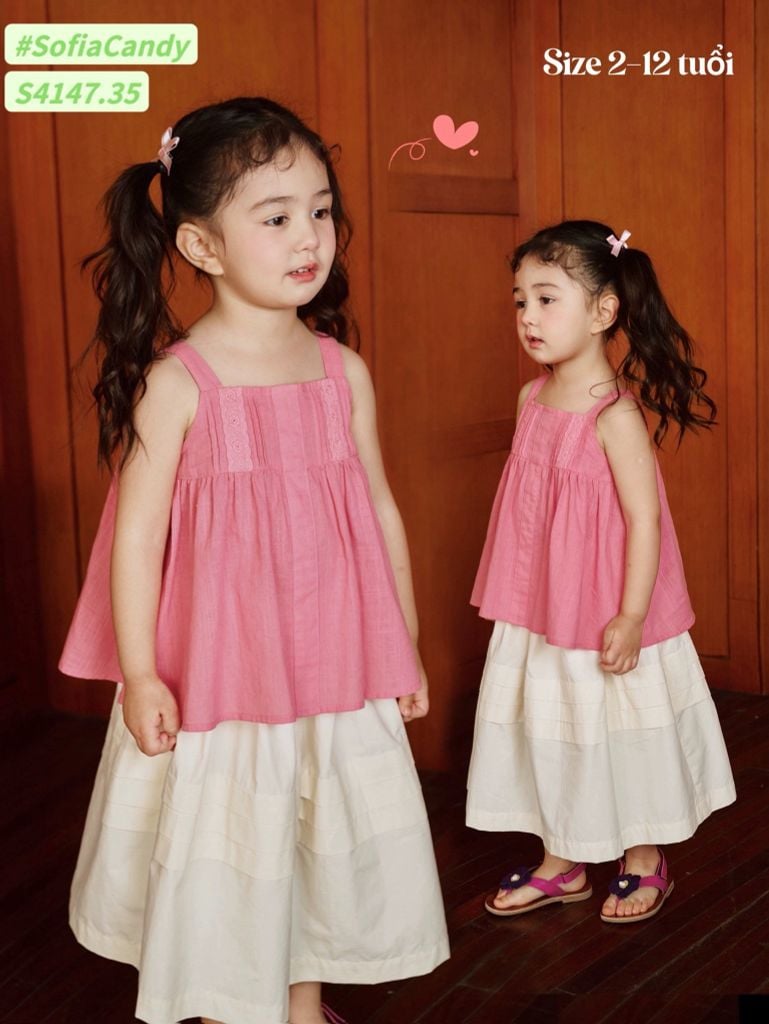 S4147 - Set bộ Sofia Candy vải thô áo 2 dây hồng phối chân váy trắng size 2-12y