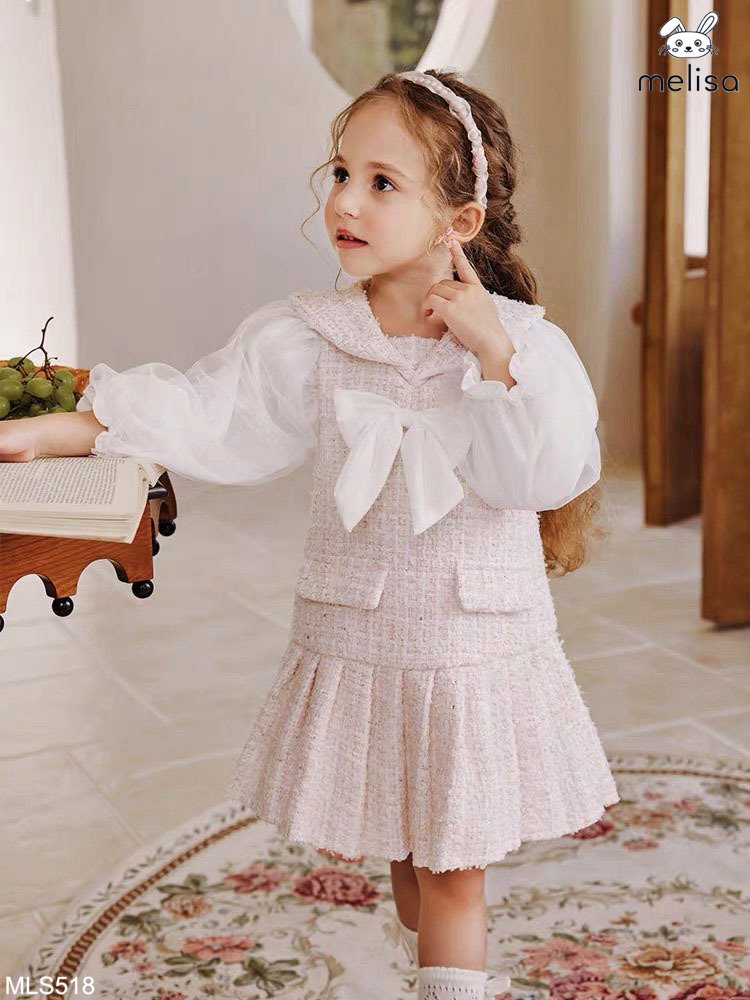 Váy dạ tweed Melisa màu hồng phối tay trắng đính nơ cổ size 12m - 10y