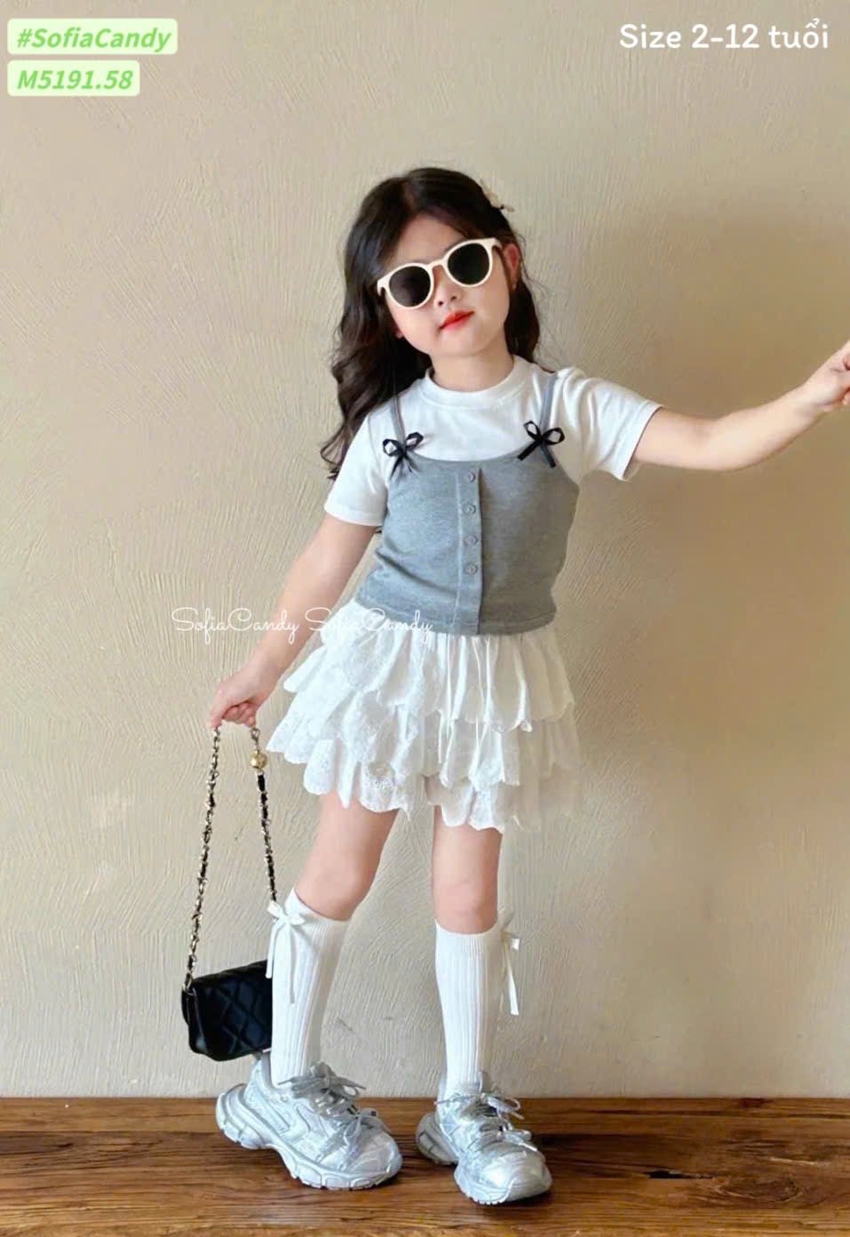 M5191 - Set váy Mia Kids áo cotton trắng phối ghi đính nơ + chân váy trắng size 2-12y