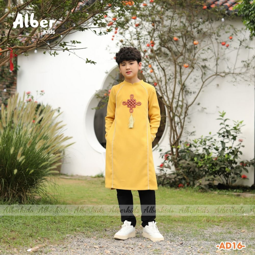 Áo dài nhung Alberkids đính ngực 2 màu vàng / đỏ size 110 - 160