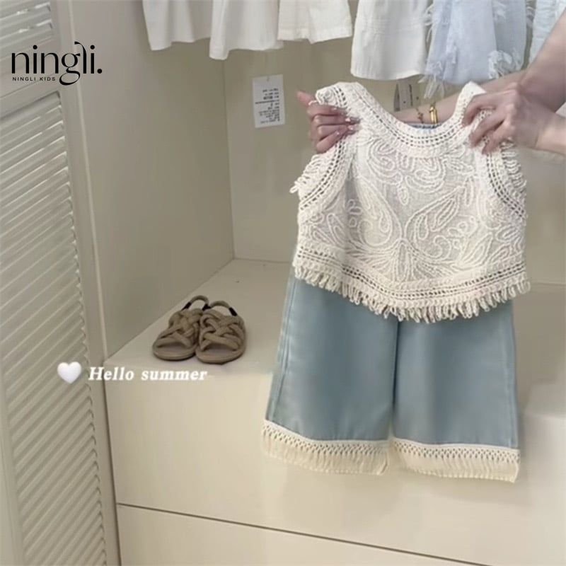 Set bộ QC áo áo trắng tua rua + quần jean mềm bé gái size 90-130