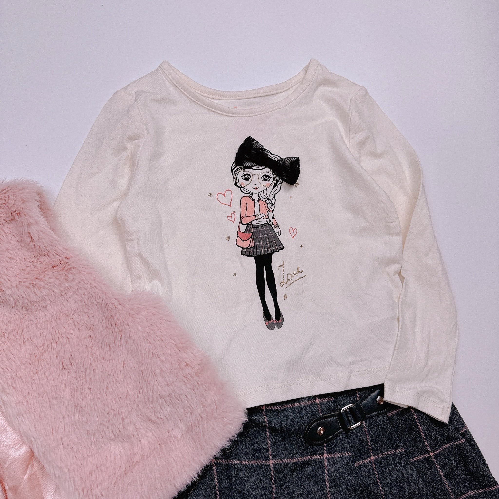 Set 3ct C & A áo cotton hình bé gái - gile lông hồng - chân váy dạ caro ghi size 98 - 140