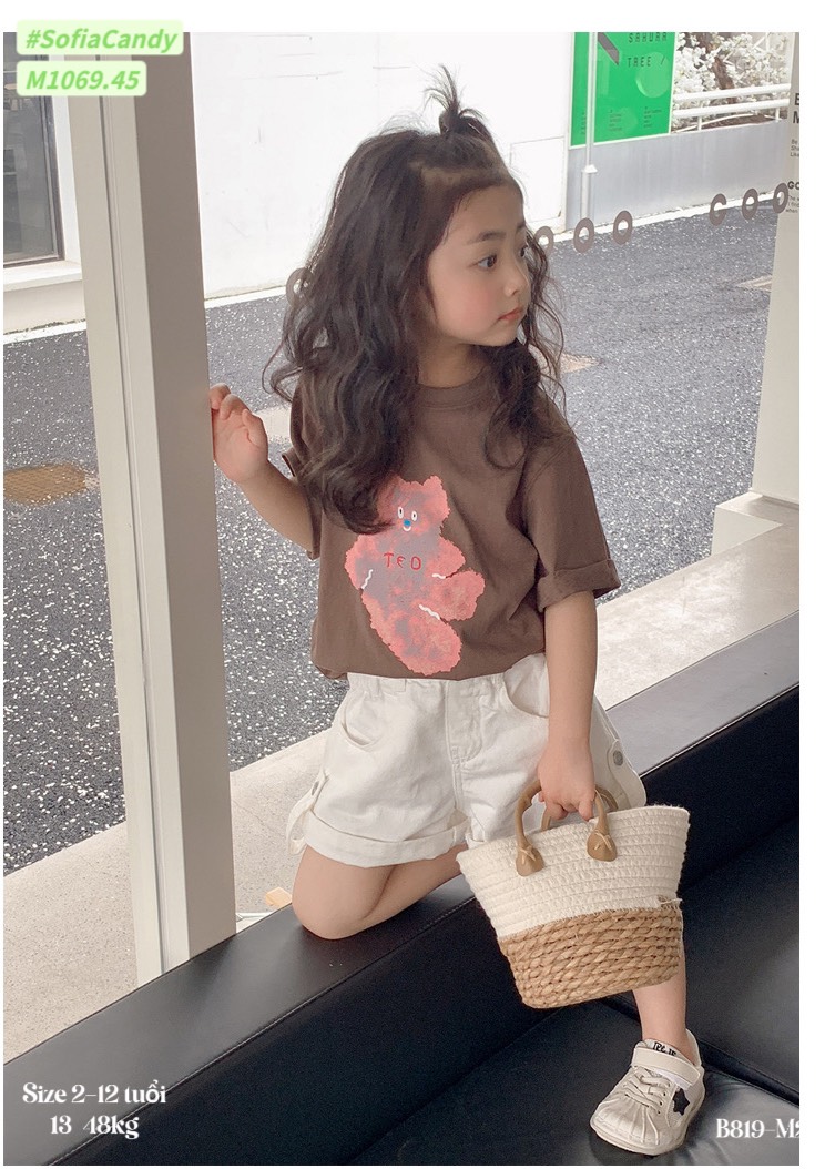 Bộ Mia Kids áo cotton màu nâu in gấu Ted - quần short kaki màu kem 2 - 11y
