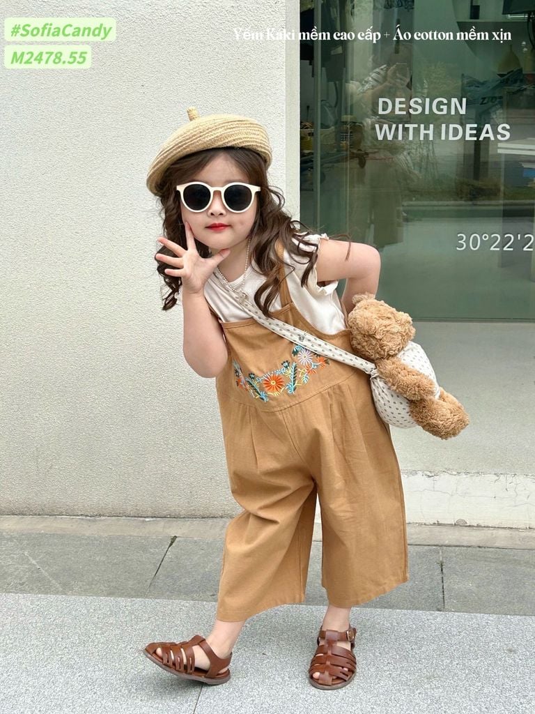 Set Mia Kids yếm thô nâu thêu hoa ngực phối áo cotton trắng size 1 - 10y