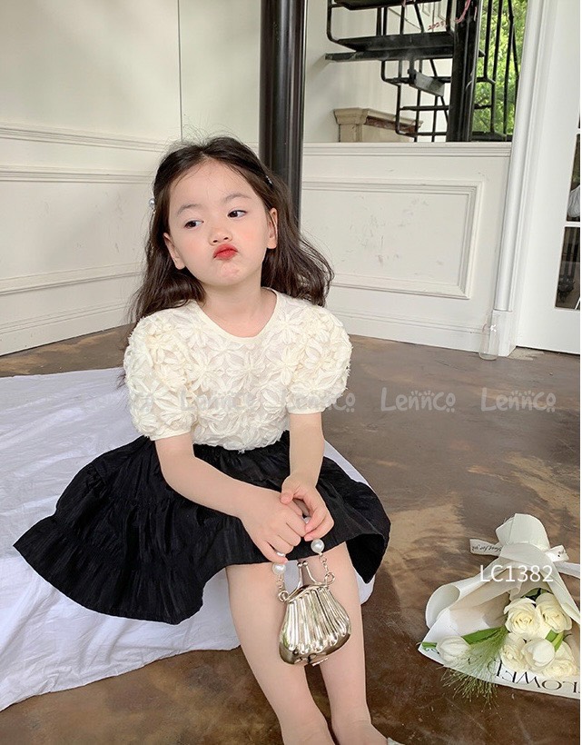 Bộ Lennco áo trắng hoa ren nổi + chân váy đen size 1-10y