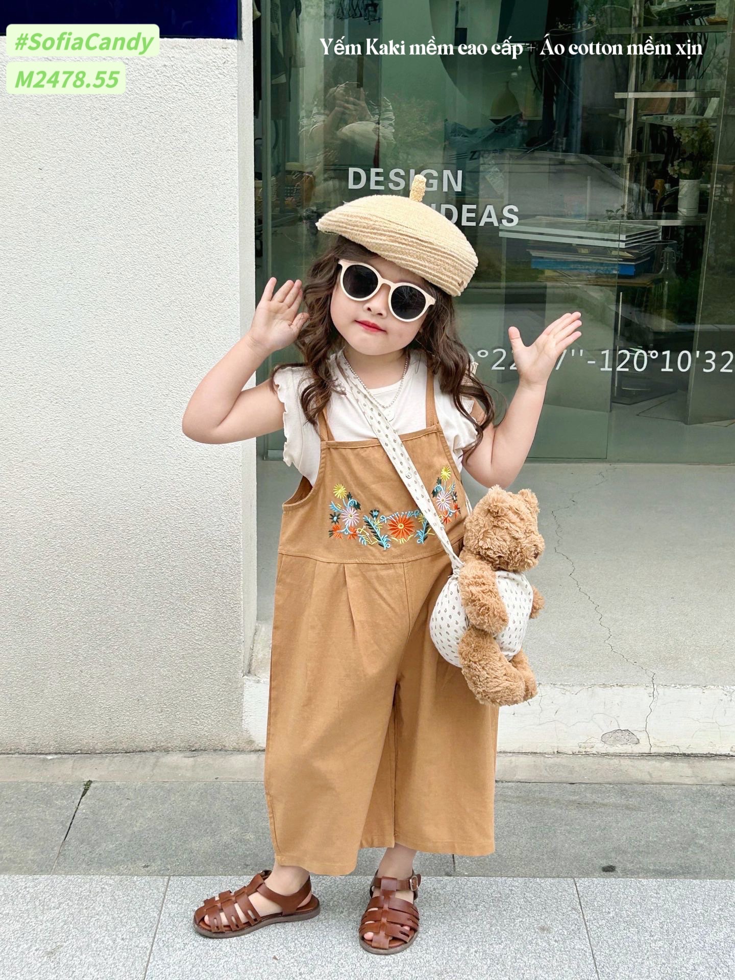 Set Mia Kids yếm thô nâu thêu hoa ngực phối áo cotton trắng size 1 - 10y