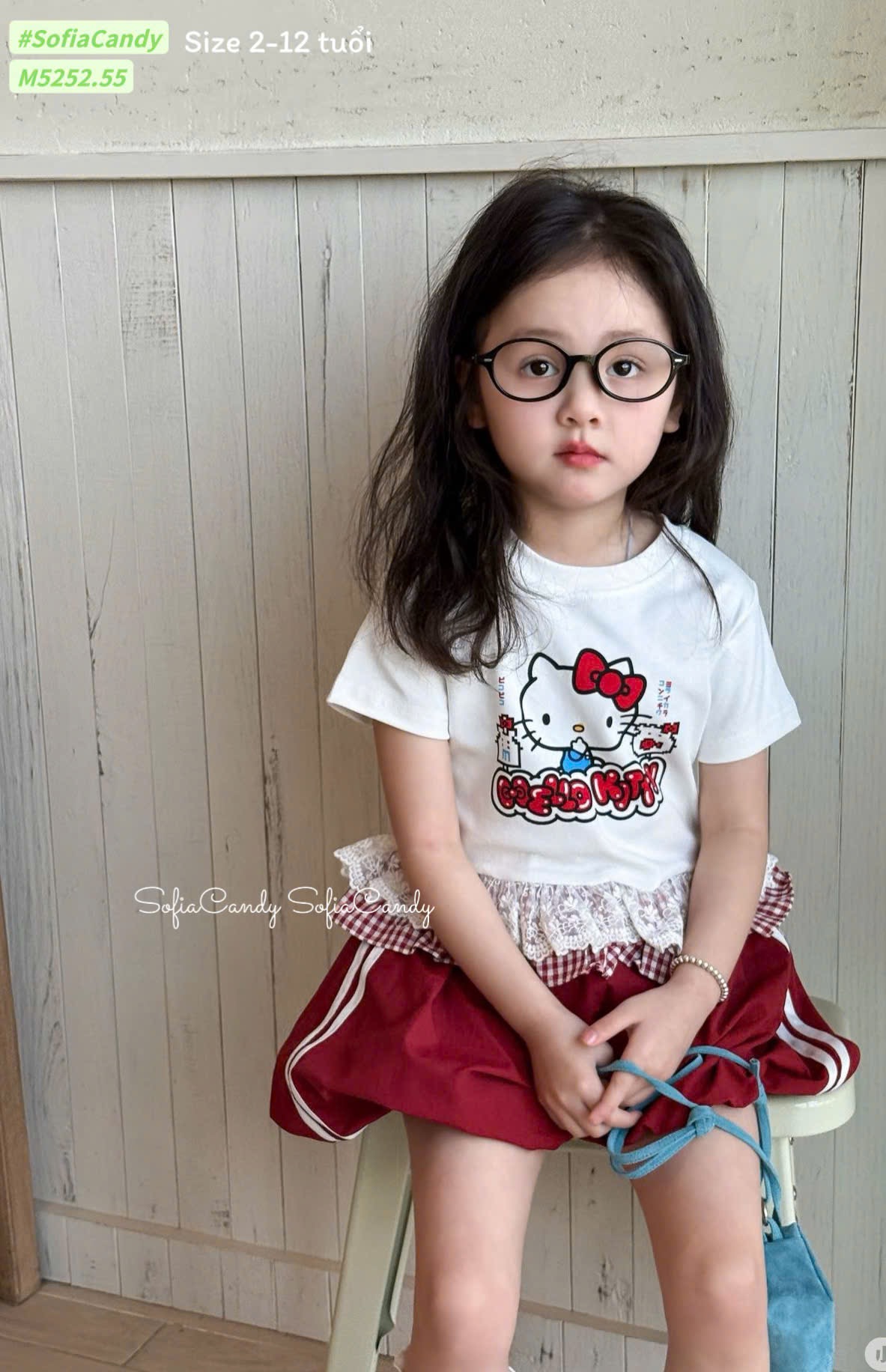 M5252 - Set bộ Mia Kids hello kitty áo trắng + quần váy đỏ bé gái size 2-12y