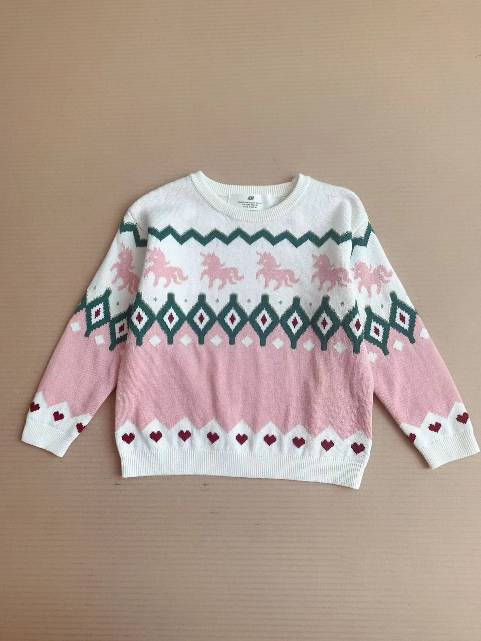 Áo len HM màu kem pony hồng phối họa tiết xanh rêu size 2 - 10y