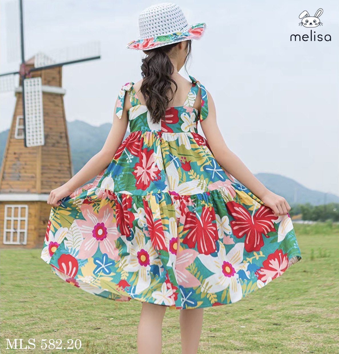 Váy thô hai dây nơ vai Melisa hoa sắc màu size 2 - 11y