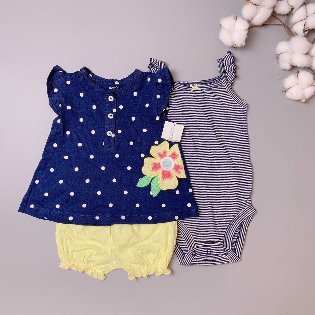 [30%] Set 3ct carters áo chấm bi navy + body kẻ + quần vàng