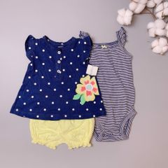 [30%] Set 3ct carters áo chấm bi navy + body kẻ + quần vàng