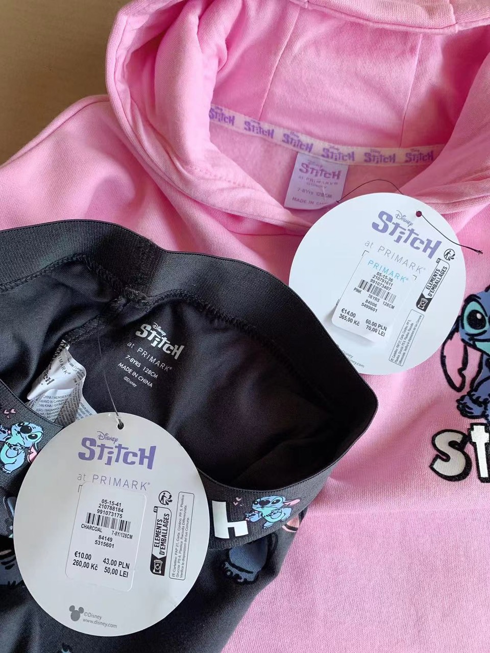 Bộ Primark áo nỉ bông hoodie hồng Stitch + quần legging cotton size 7 - 15y