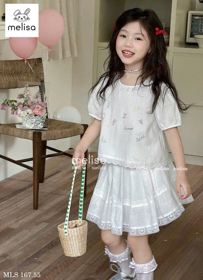 MLS 167 - Set bộ Melisa áo trắng thêu phối ren + chân váy trắng bé gái size 2-12y