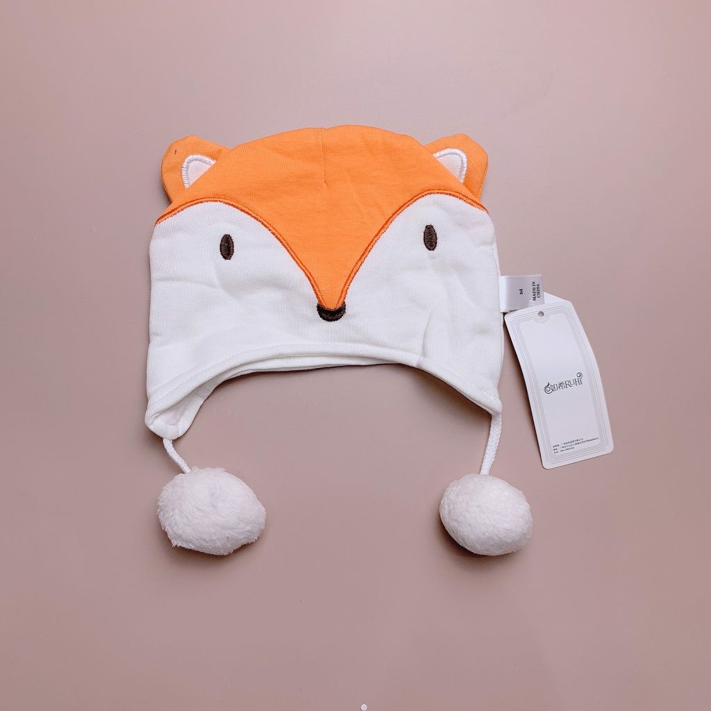 Mũ len Ruhikids màu trắng hình cáo cam