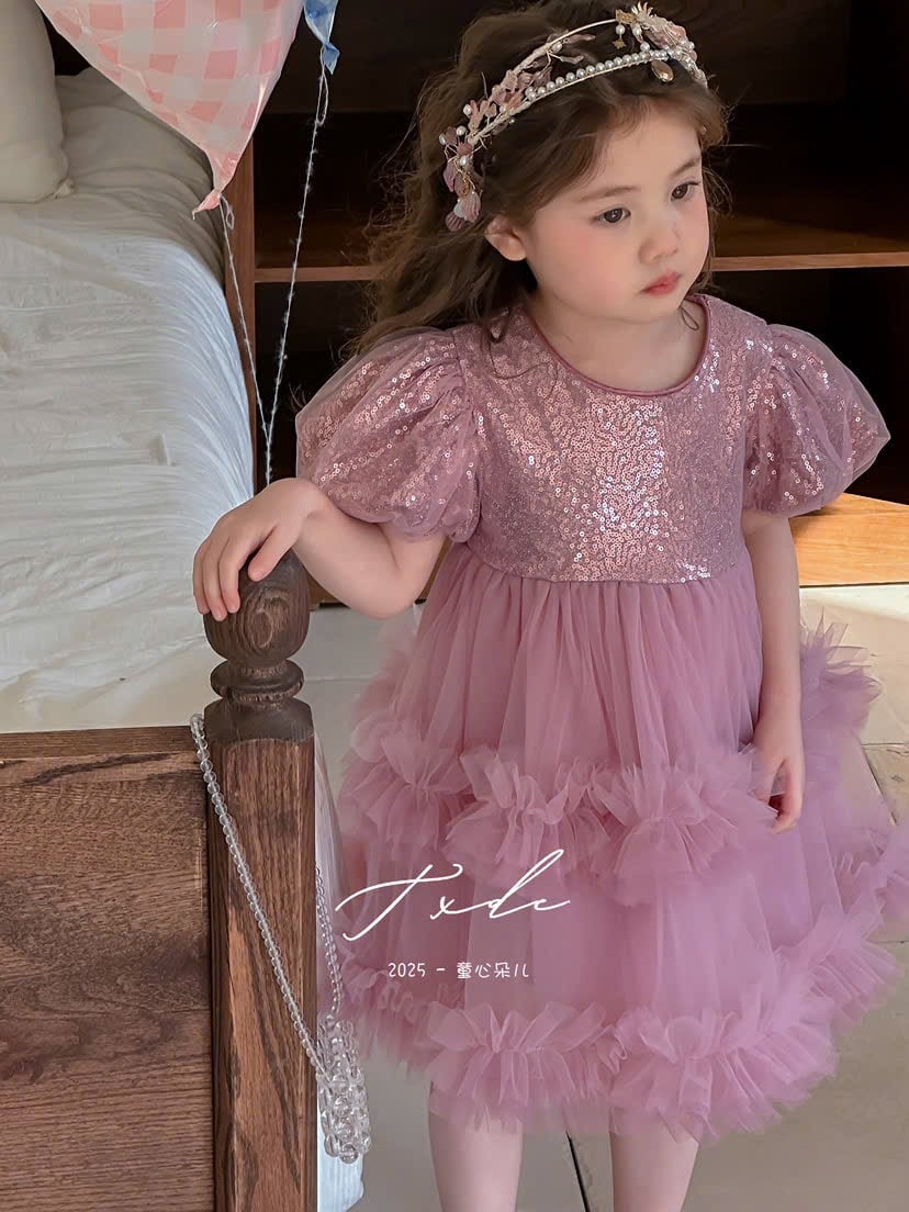 Váy công chúa QC đính kim sa tay bồng hồng/xanh bé gái size 90-130