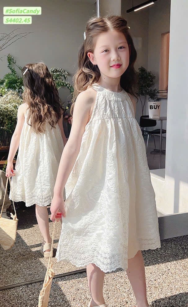 S4402 - Váy Sofia Candy màu be thêu hoa cổ yếm bé gái size 1-10y