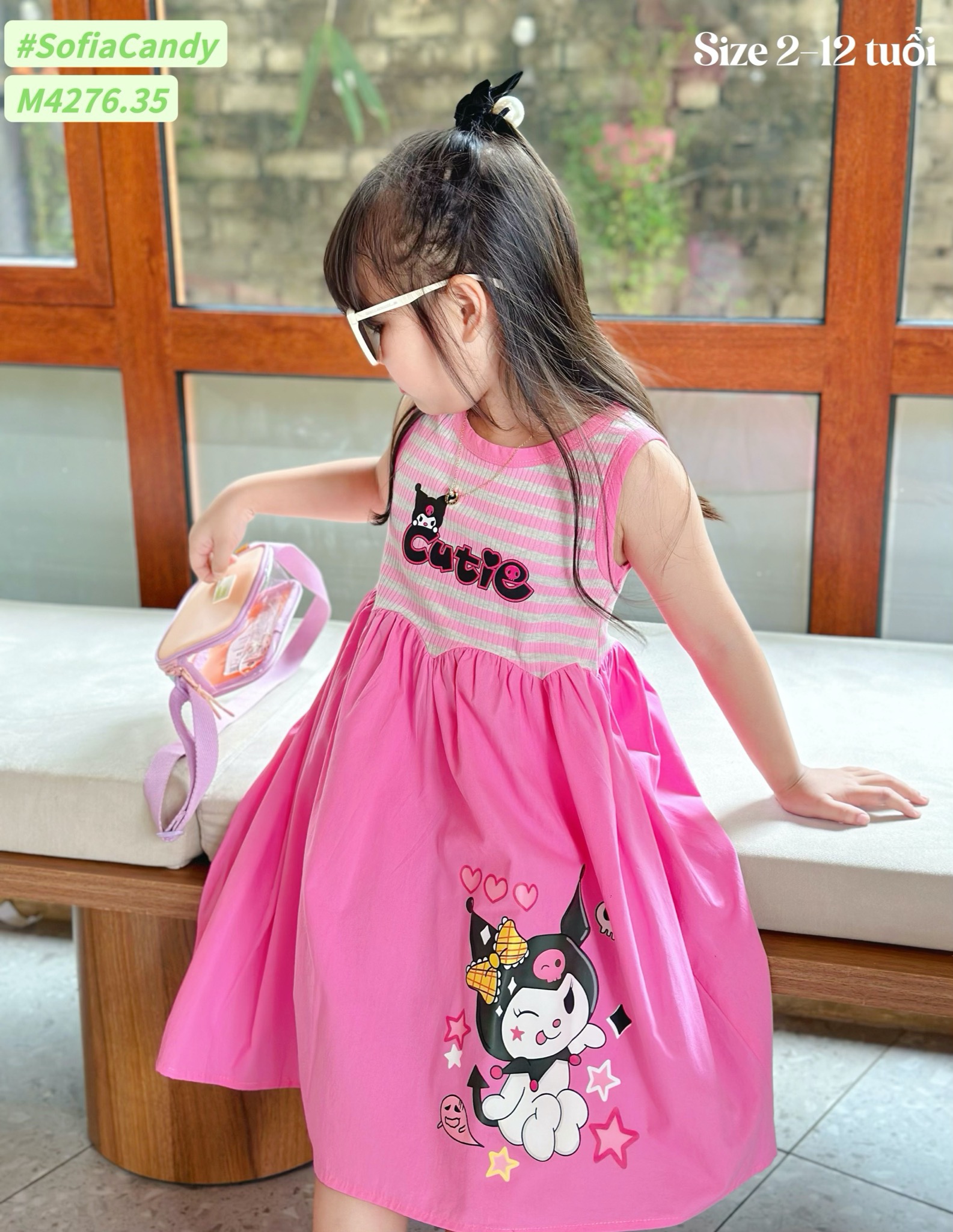 M4276 - Váy Mia Kids cotton Kuromi kẻ hồng size 2-12y
