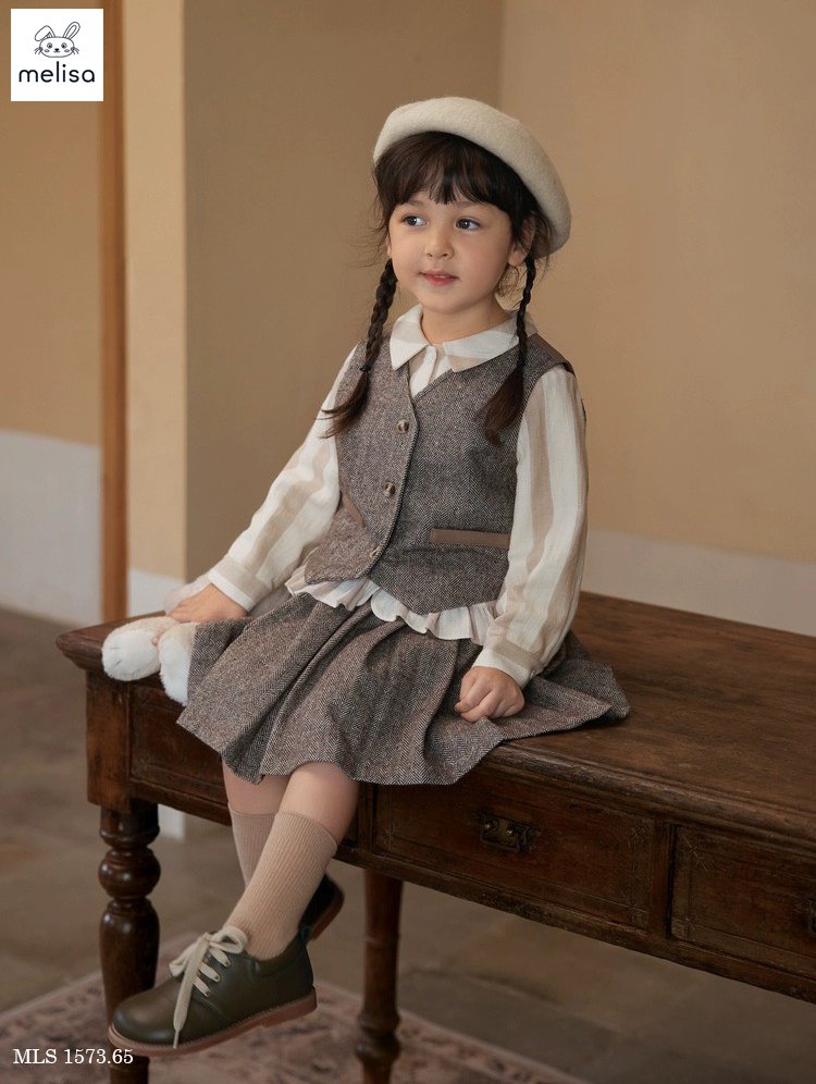 Set dạ Melisa 2 chi tiết màu ghi áo gile + chân váy xếp li size 2 - 12y (ko kèm sơ mi)