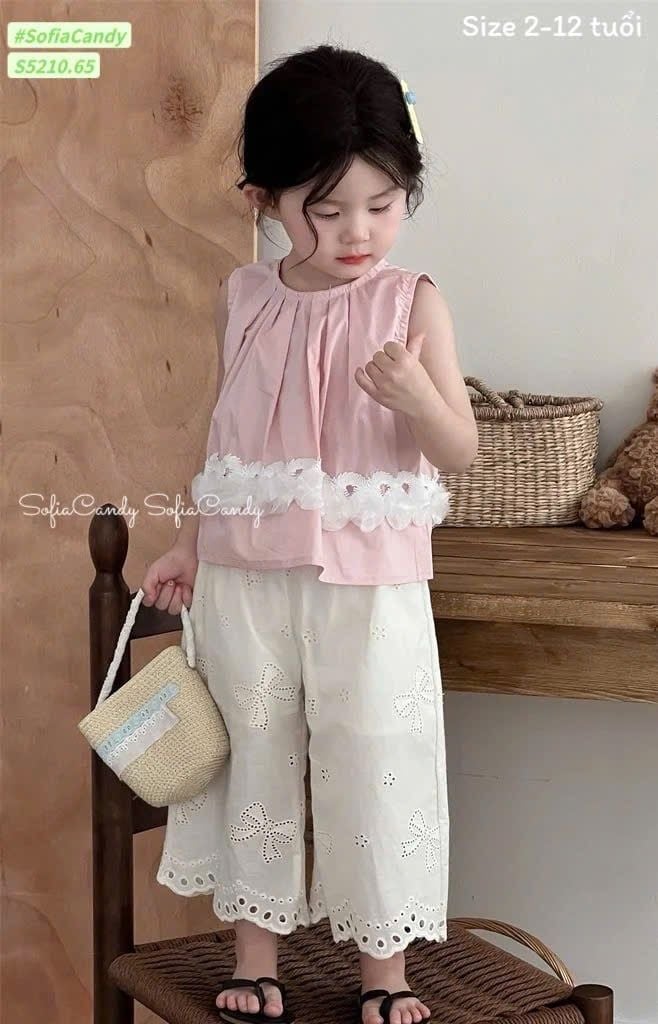S5210 - Bộ thô sofia candy áo sát nách hồng phối hoa voan - quần trắng size 2 - 12y