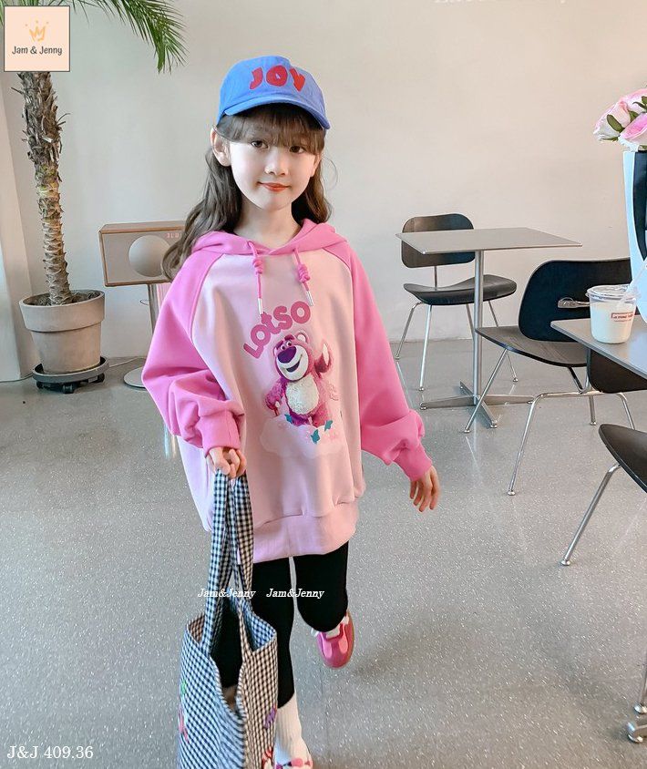 Bộ nỉ da cá Jam&Jenny áo hồng hình gấu dâu Lotso - quần đen size 2 - 12y