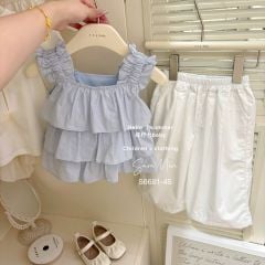 S6681 - Bộ Sara Min áo xanh xếp tầng + quần lửng màu trắng bé gái size 2-12y