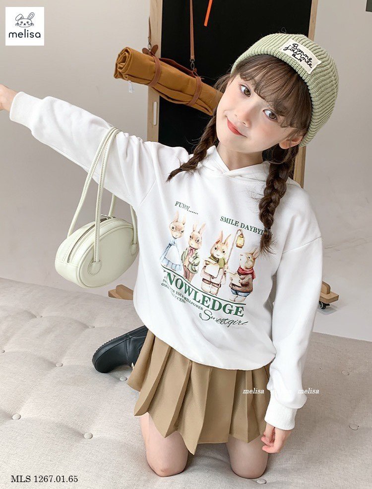 Set Melisa áo hoodie hình thỏ Funny - chân váy xếp li liền quần 2 màu size 2 - 12y