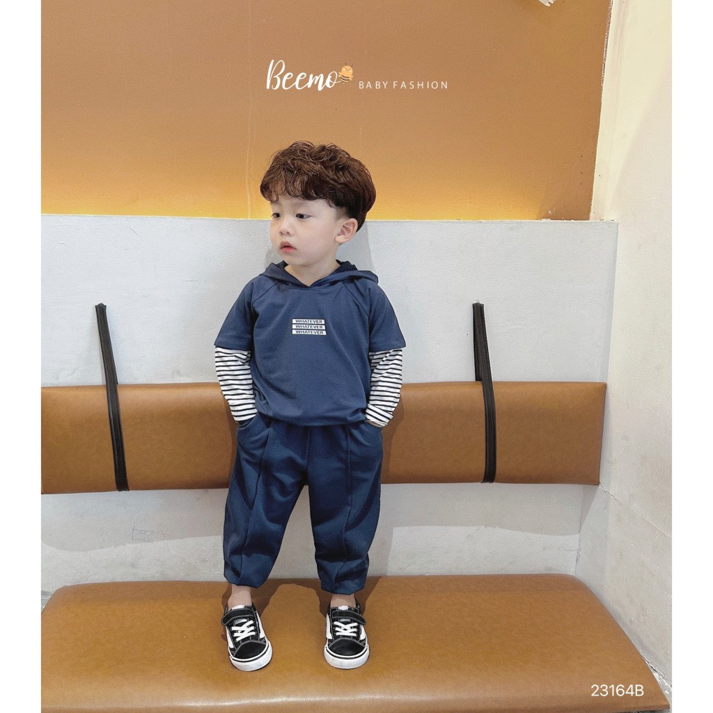 Bộ cotton Beemo áo có mũ phối tay kẻ Whatever 2 màu size 80 - 130