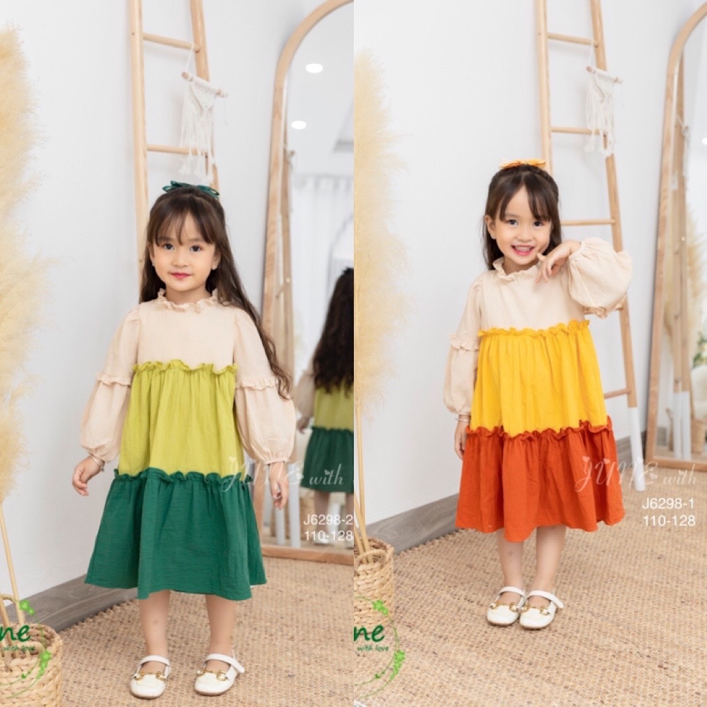 Váy thô đũi June with love dài tay phối tầng 3 màu cổ bèo