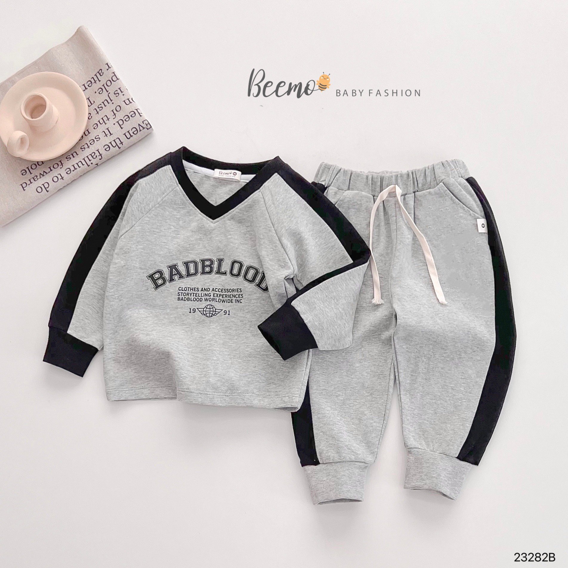 Bộ cotton Beemo cổ tim BADBLOOD 2 màu đen / ghi size 80 - 130
