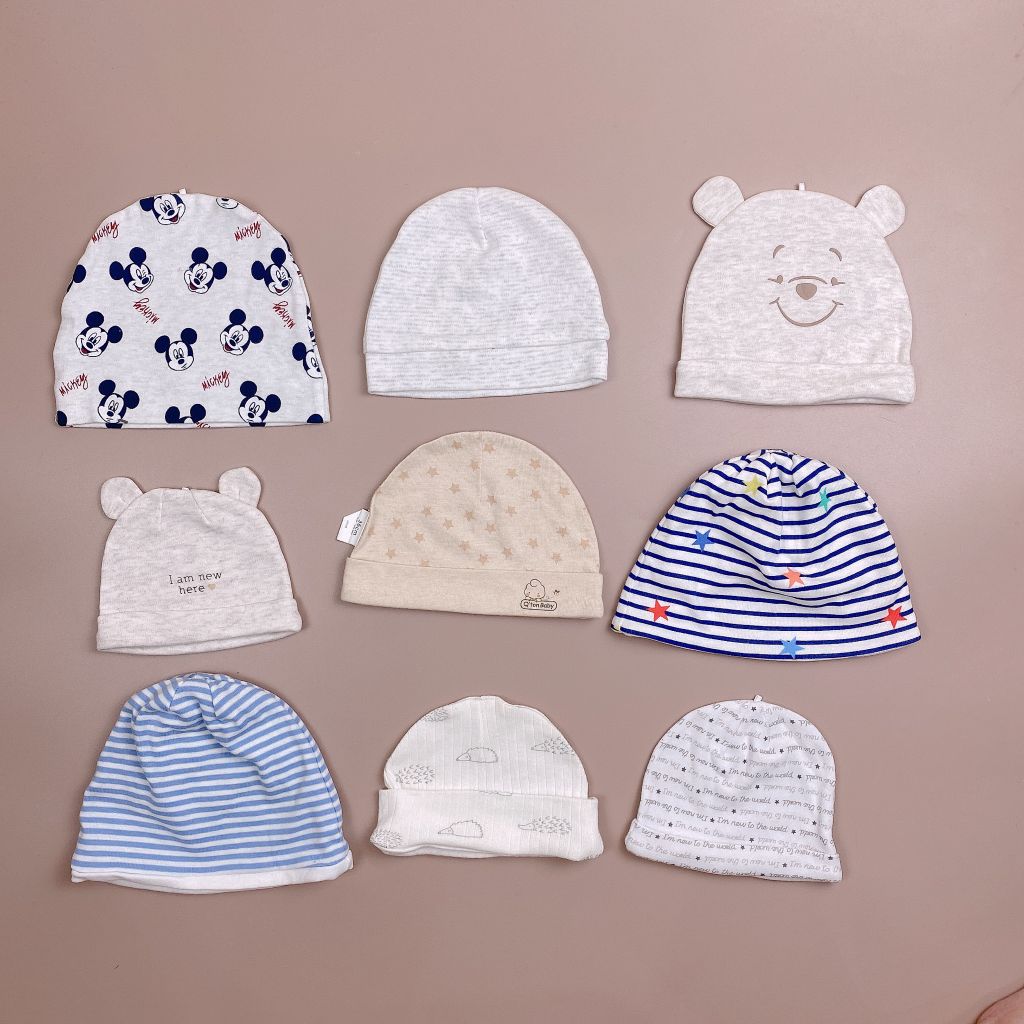 Mũ cotton sơ sinh trộn hình trộn size