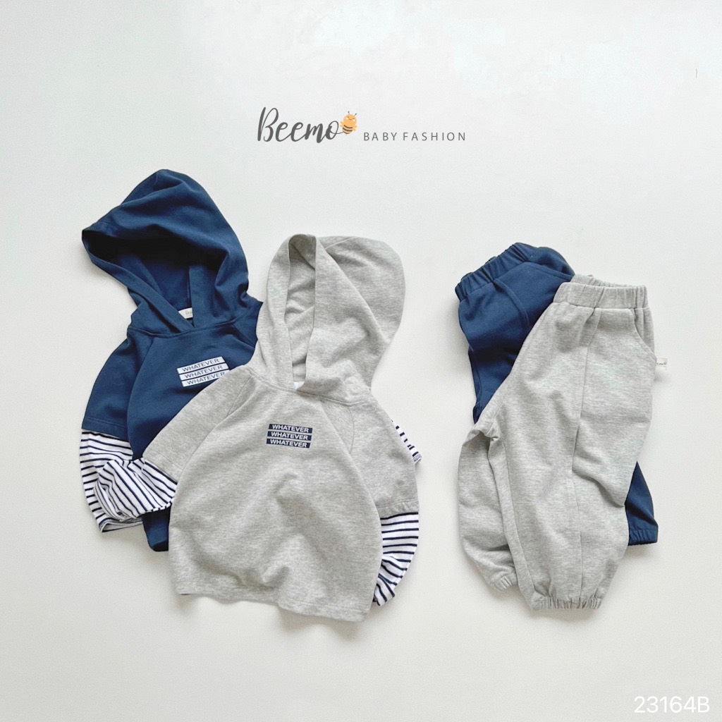 Bộ cotton Beemo áo có mũ phối tay kẻ Whatever 2 màu size 80 - 130