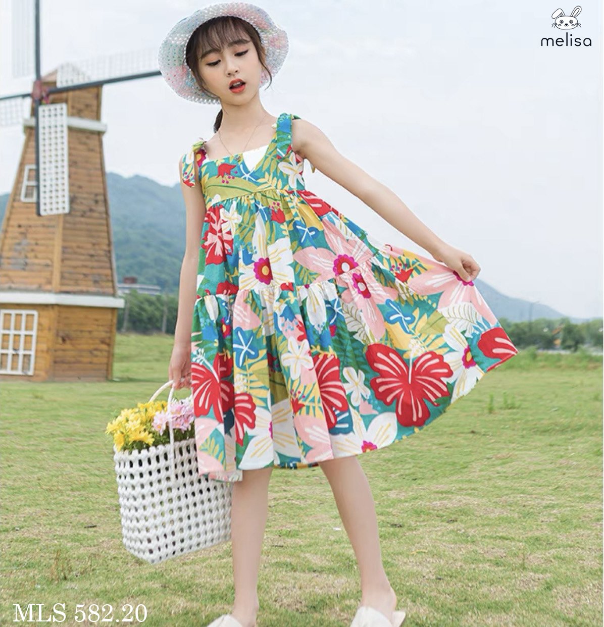 Váy thô hai dây nơ vai Melisa hoa sắc màu size 2 - 11y