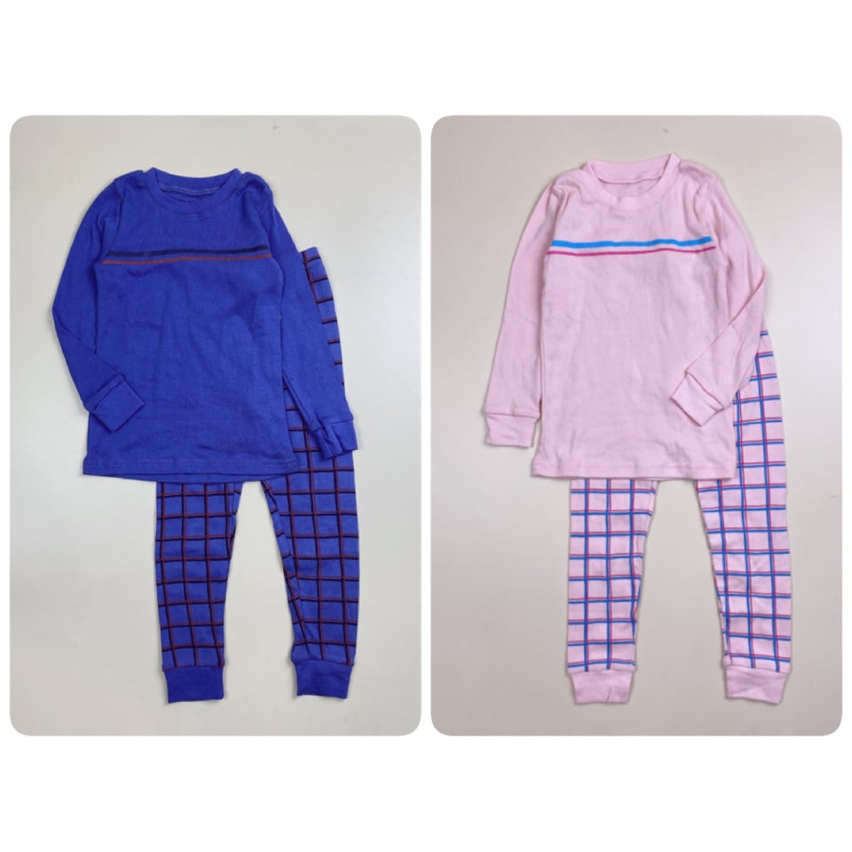 Bộ cotton xuất Hàn Happybus - ngực kẻ ngang 2 màu xanh coban / hồng