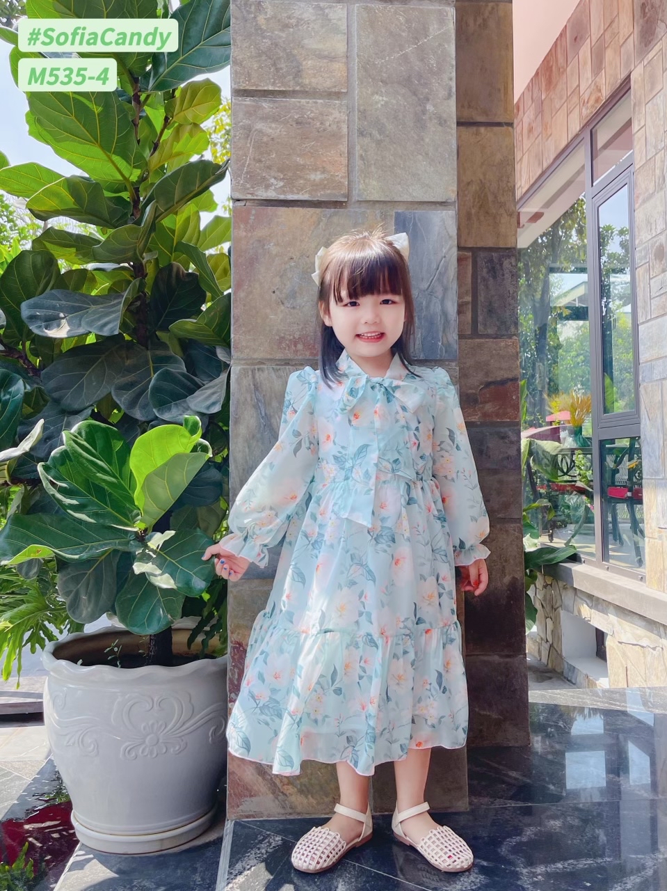 Váy voan tơ dài tay buộc nơ cổ 10 màu hoa