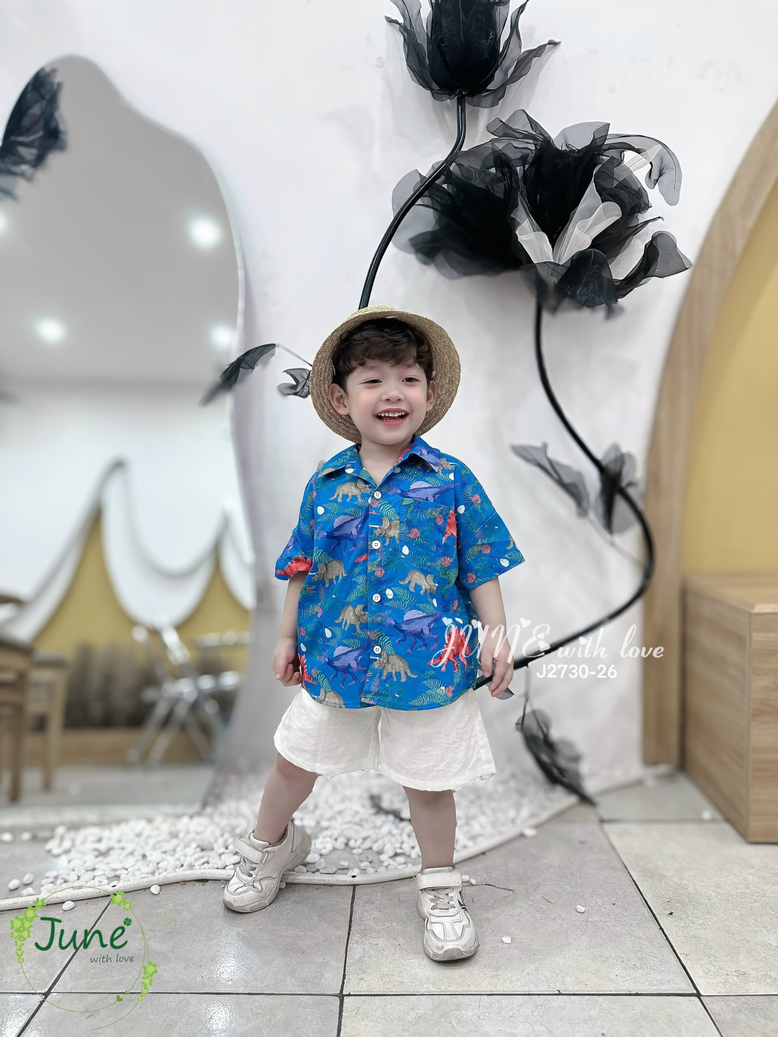 Bộ June With Love vải thô áo khủng long xanh BT size 1-10y