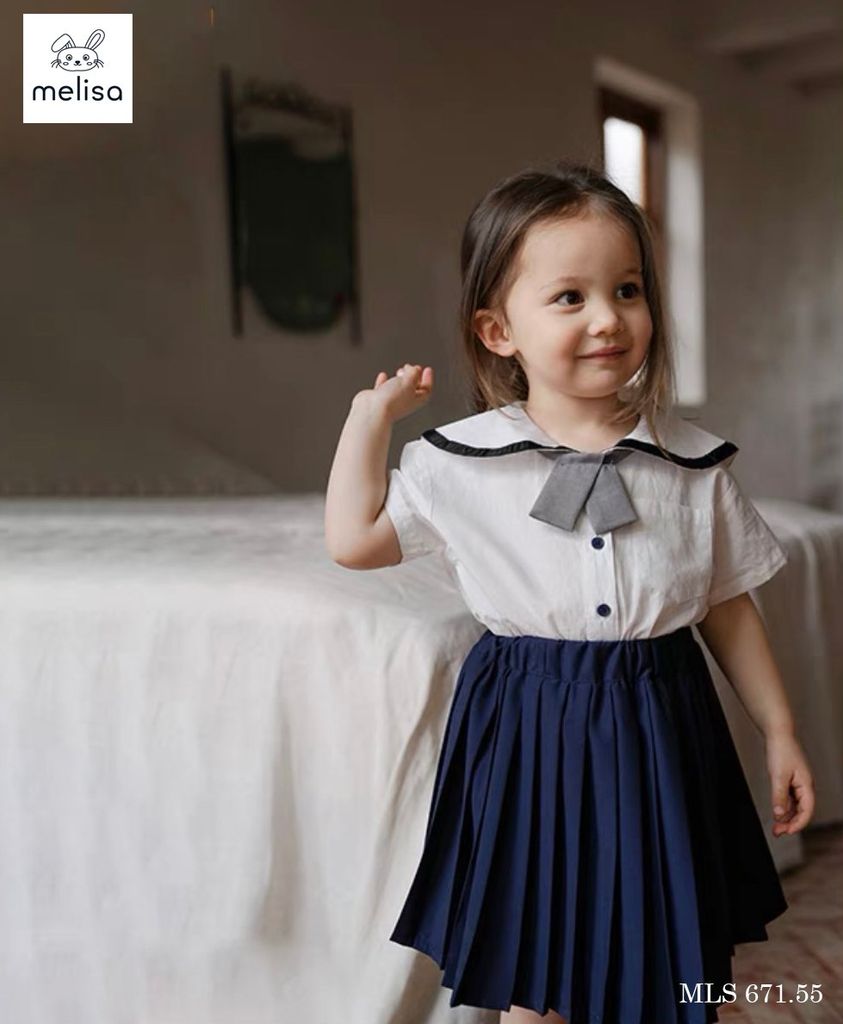 Set thô Melisa áo trắng kèm cavat - chân váy liền quần màu navy size 2 - 11y