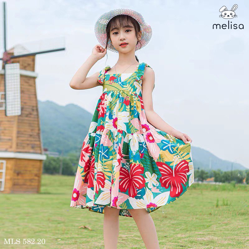 Váy thô hai dây nơ vai Melisa hoa sắc màu size 2 - 11y
