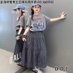 Set 2 chi tiết áo cotton BOY BYE 2 màu ghi / trắng + chân váy kẻ caro kèm chun size 110 - 150