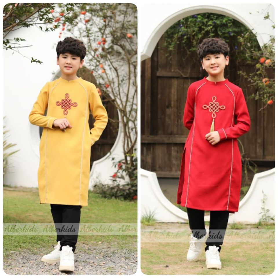 Áo dài nhung Alberkids đính ngực 2 màu vàng / đỏ size 110 - 160