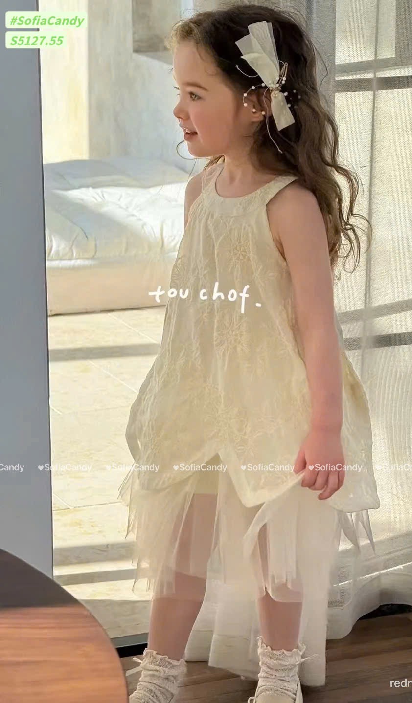 S5127 - Váy Sofia Candy công chúa màu kem thêu hoa phối chân ren mềm size 1-10y