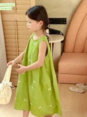 M1466 - Váy thô xanh cốm thêu nơ Mia Kids dáng suông A BG size 1-10y